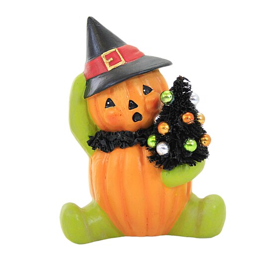 Bethany Lowe 5.0 Inch Seated Pumpkin Head Witch Halloween Figurine , Lightweight Halloween Decor Bottle Brush Tree Pumpkin
